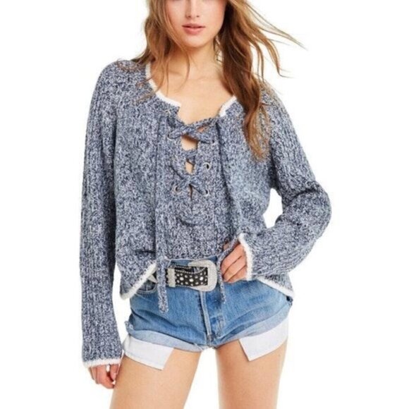 WILDFOX Oxford Queen Melange Long Sleeve Lace Up Neck Sweater Womens Small - Picture 1 of 13